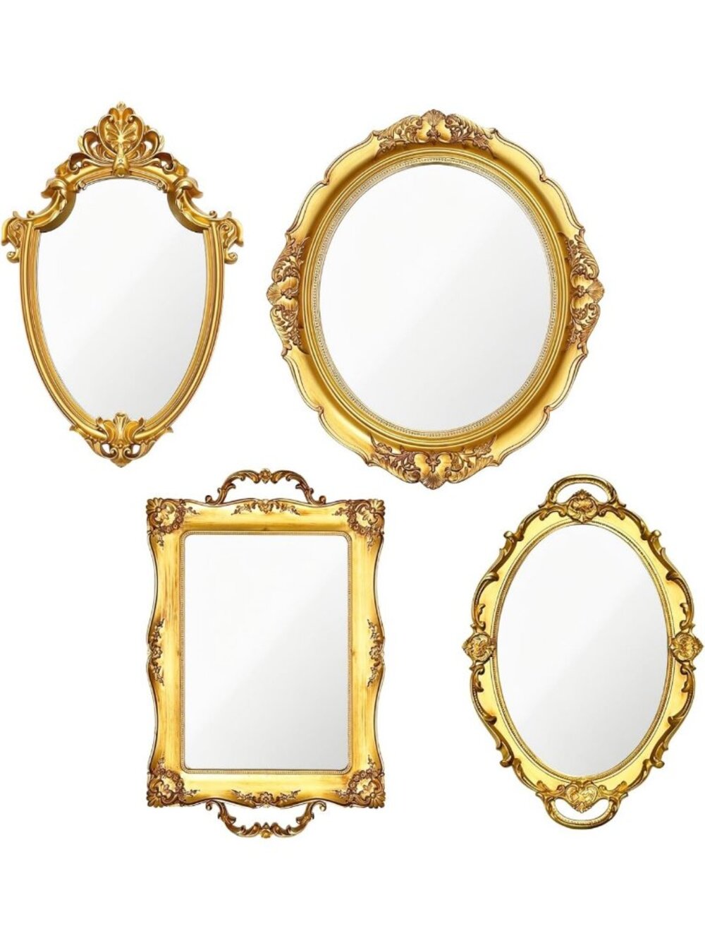 4 PCS Vintage Gold Decorative Mirrors Set - Antique Shield & Oval Wall Decor